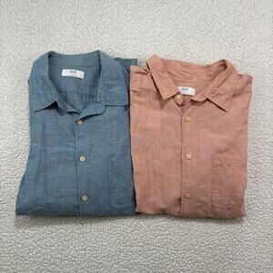 Uniqlo Lot of 2 Mens XL Linen Cotton Blend Button Shirts Blue Peach Short Sleeve